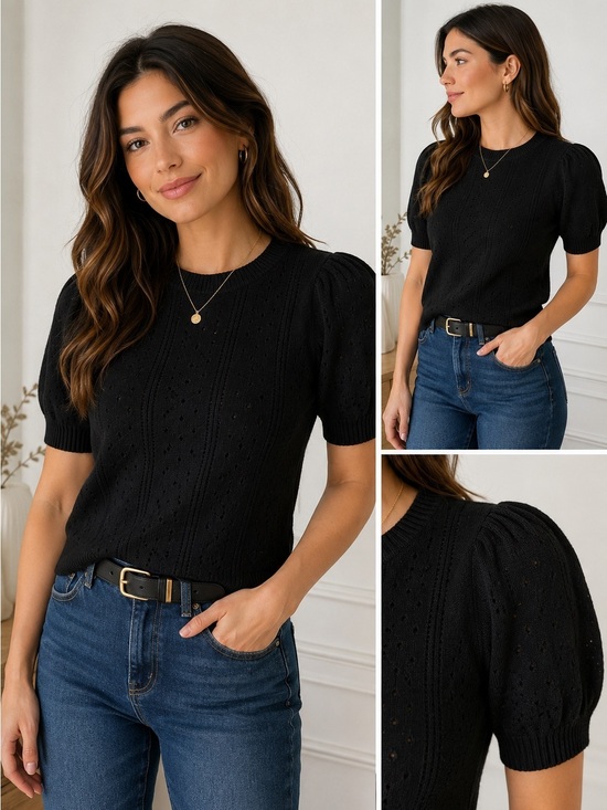 Merokeety Sweaters - Merokeety Black Puff Sleeve Pointelle Knit Sweater Top Small